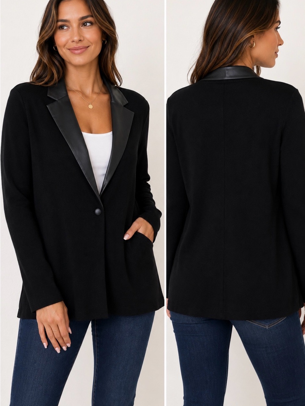 Sioni Black Knit Blazer Cardigan Faux Leather Lapel One Button XL